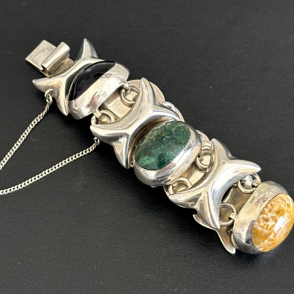 Taxco Vintage 925 Sterling Silver Heavy Chunky Multi Gemstone Link Bracelet 6.5" - Picture 6 of 12